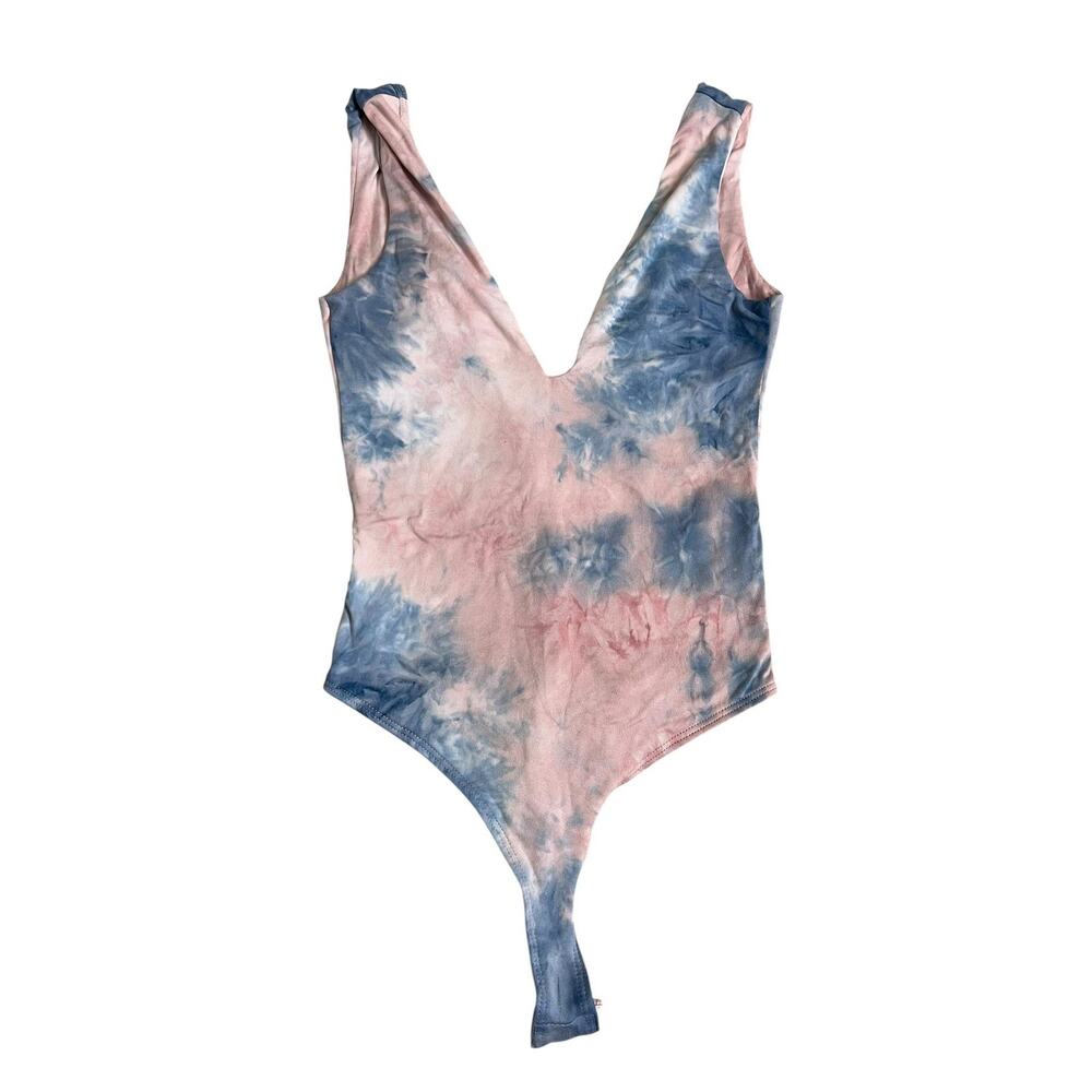 FORE Bodysuit Womens XS Pink Blue Tie Dye Deep V Thong One Piece Stretch Jersey